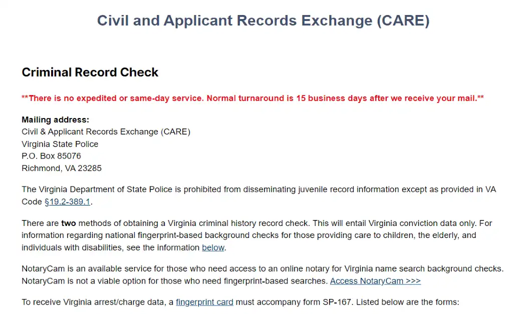 Virginia Civil and Applicant Records Exchange (CARE) providing free Virginia criminal record check information including turnaround times (15 business days) and mailing address.