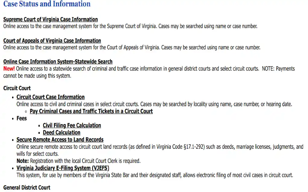 Virginia court system case status and information checklist for obtaining free Virginia warrant search records and public civil records.