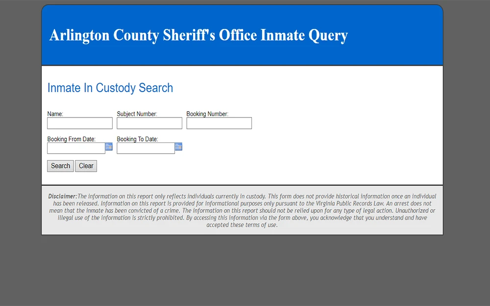 A screenshot from Arlington County Sheriff's office Inmate Query website showing an empty inmate custody search bars.