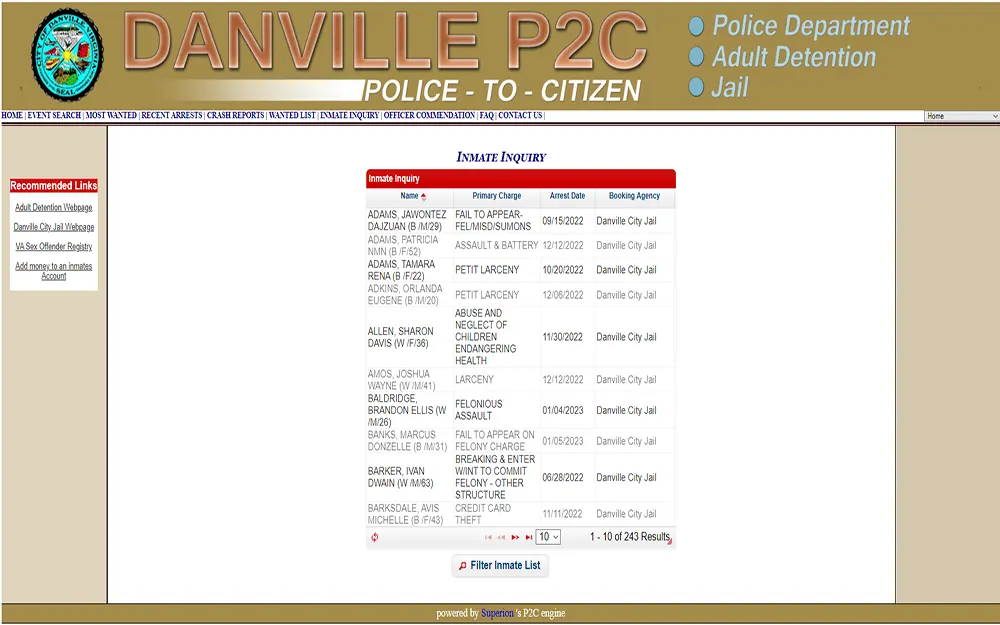 A screenshot from Danville P2C website's Inmate Inquiry page showing a list of inmates with the corresponding charges, arrest dates, and booking agency.