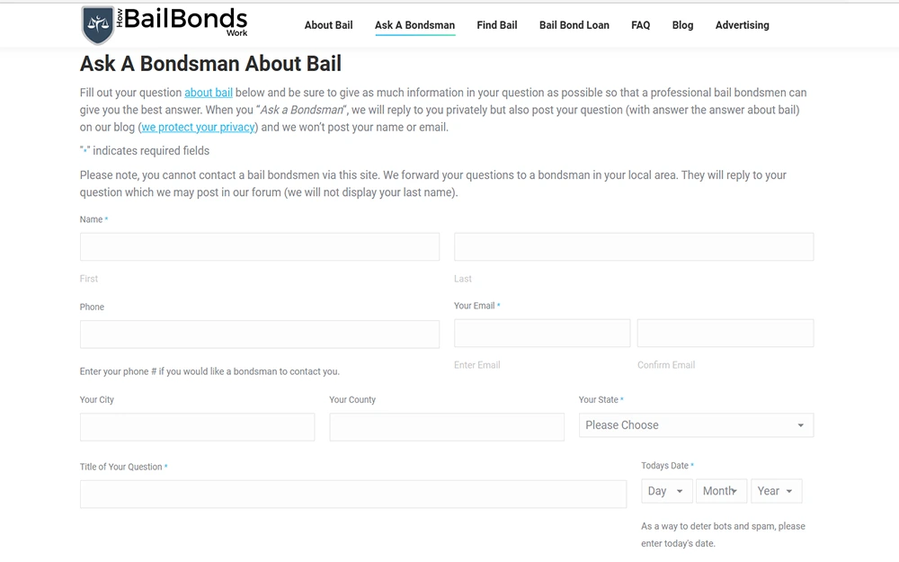 A screenshot from How Bailbonds Work website's Ask a Bondsman page showing a form to fill out your question.