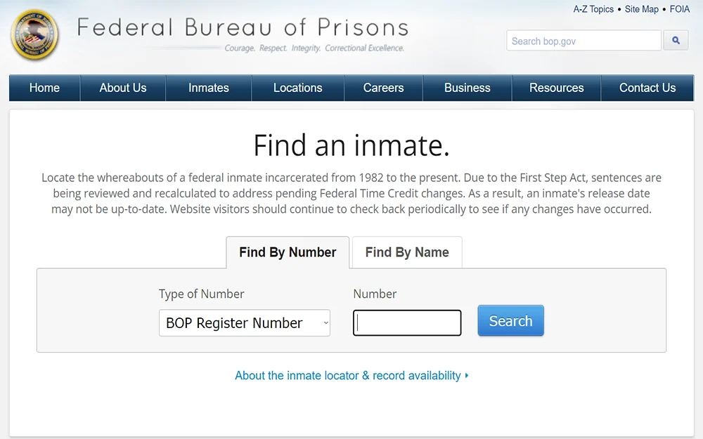 A screenshot from Federal Bureau of Prisons website's Find an Inmate page showing a search bar to locate an inmate.