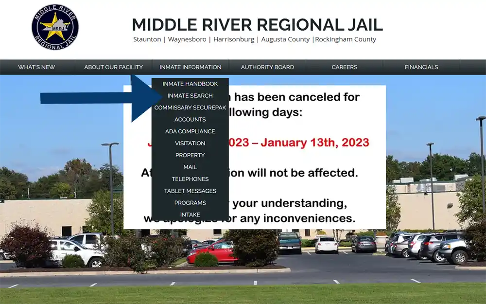 A screenshot from Middle River Regional Jail website's homepage showing the Inmate Information dropdown list with an arrow pointing to Inmate Search.