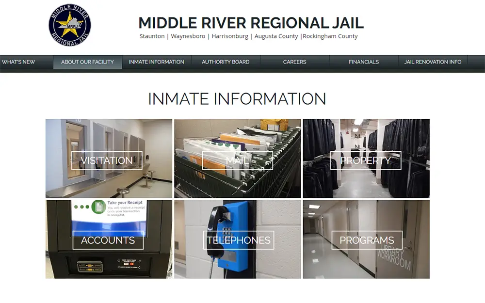 A screenshot from Middle River Regional Jail website's Inmate Information section showing different buttons of the offered services.