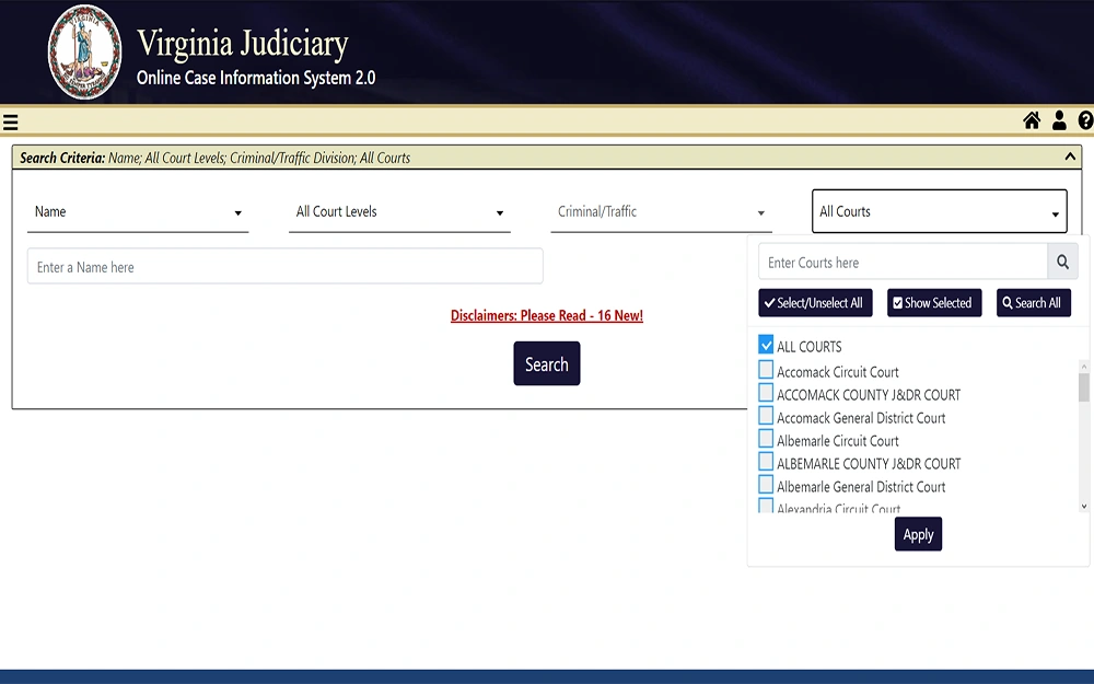 A screenshot from Virginia Judiciary Online Case Information System 2.0 website showing a blank form to search for criminal records.