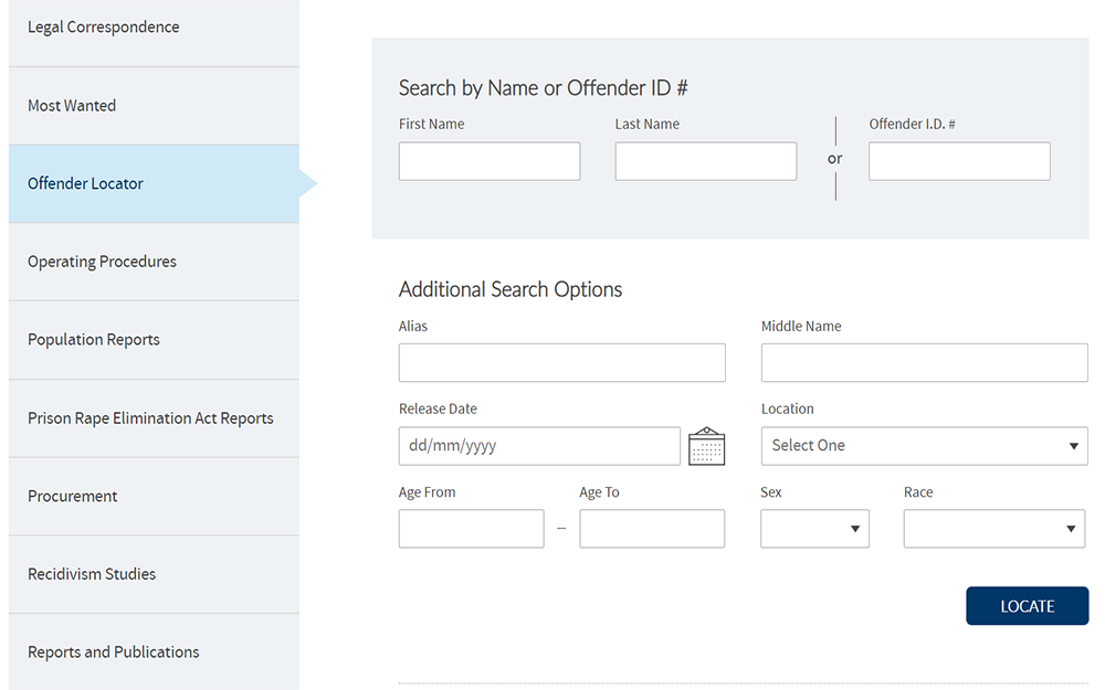 A screenshot from Virginia Department of Corrections website's Offender Locator page showing a blank form to search by name of offender ID.