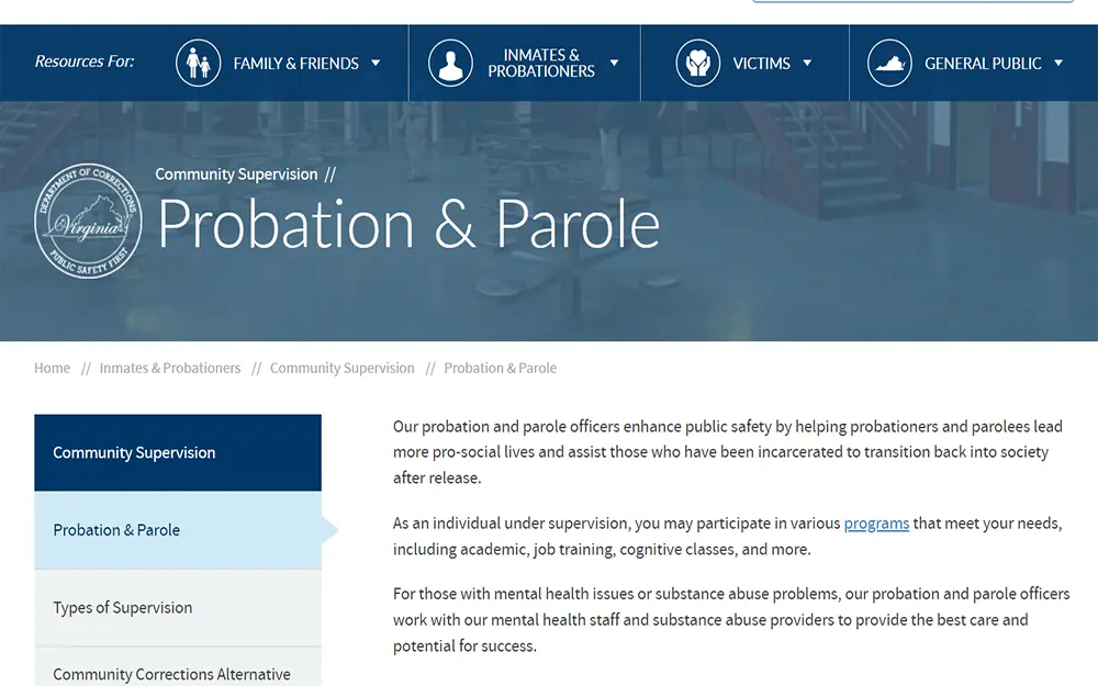 A screenshot from Virginia Department of Corrections website's Probation and Parole page showing information about probation and parole.