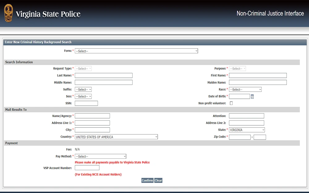 A screenshot from Virginia State Police website's Criminal History Background Search page showing a blank form for entering new criminal history background search.