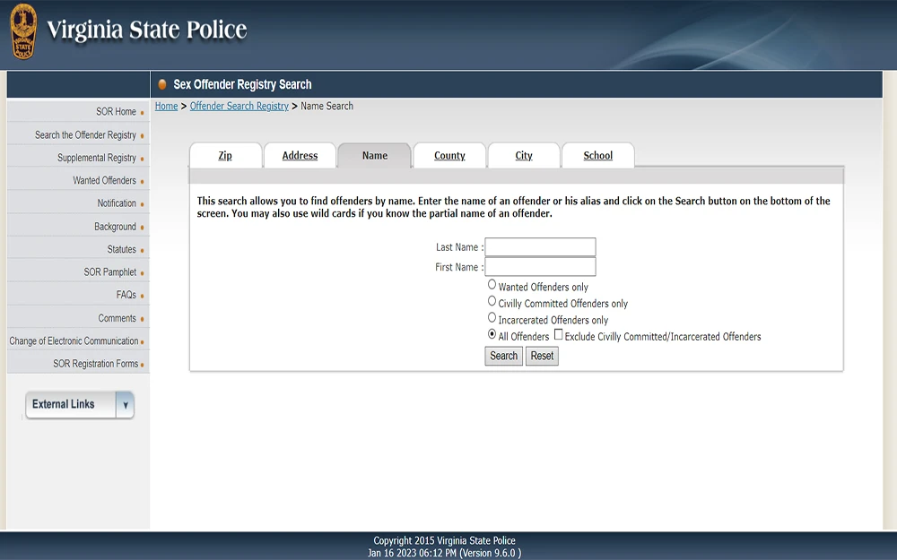 A screenshot from Virginia State Police website's Sex Offender Registry Search page showing a blank form.