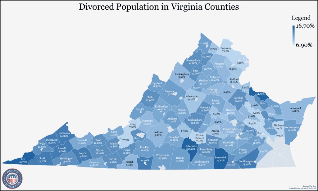 A map showing the divorce rate data (5-year estimates) of every county in Virginia.