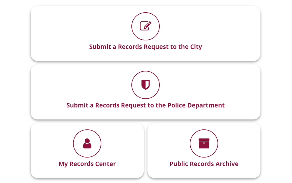 Screenshot of Chesapeake record request center showing options for requesting records from the city and police department, the public record archive, and the request tracker.