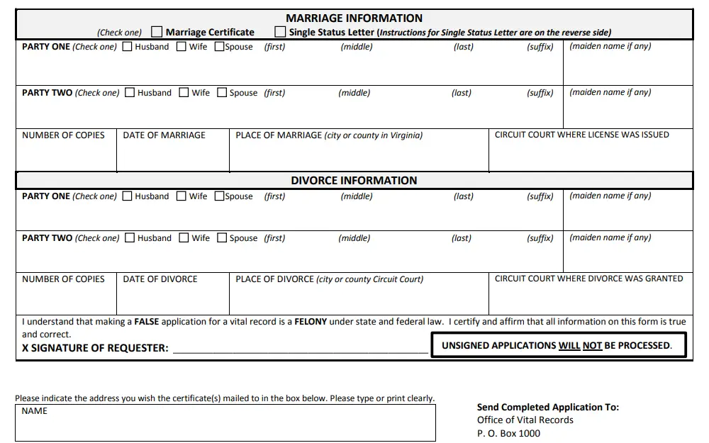 Screenshot of application for certification of marriage or divorce record, including fields for marriage and divorce information, including the names of both parties, date and place of marriage, county where license was issued, and number of copies requested.