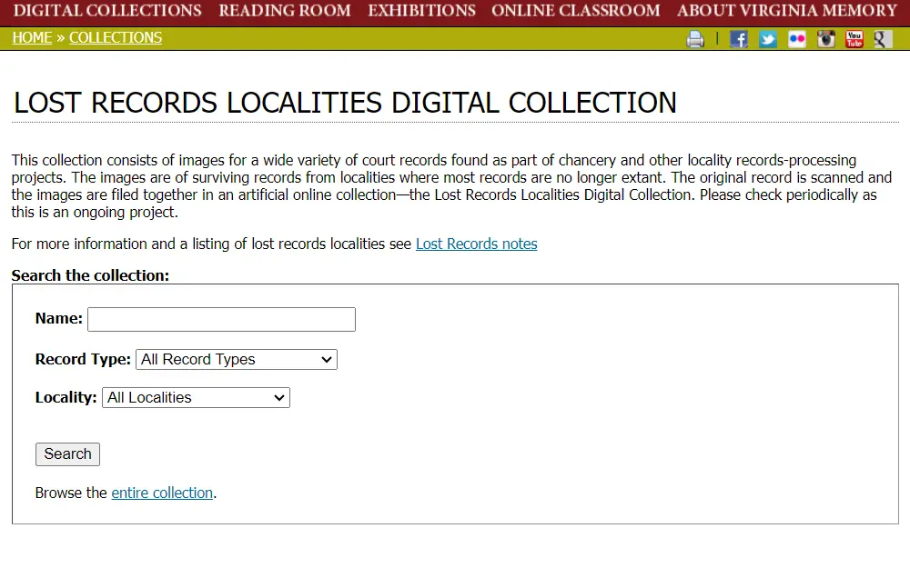 Screenshot of a search tool for the digital collection of lost records with fields for the name, record type, and locality.