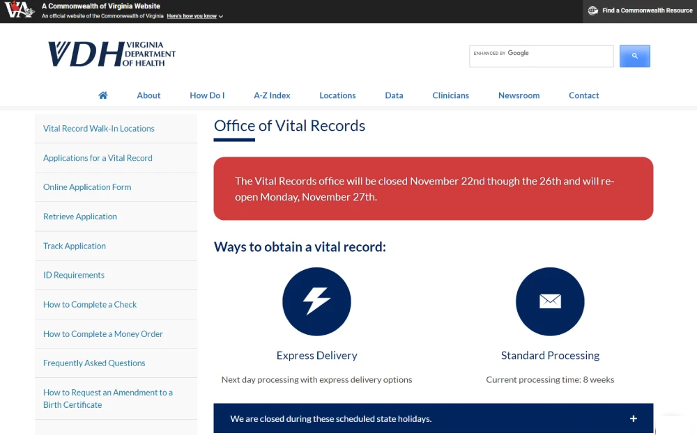 A screenshot displaying the ways to obtain a vital record by express delivery as next-day processing with delivery options or standard processing as eight weeks current processing time from the office of vital records at the Virginia Department of Health website.