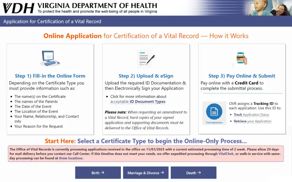 A screenshot displaying the steps of an online application for certification of a vital record stating to select a certificate type to begin the online-only process, then fill in the online form, upload and e-sign, and lastly, pay online and submit from the Virginia Department of Health website.