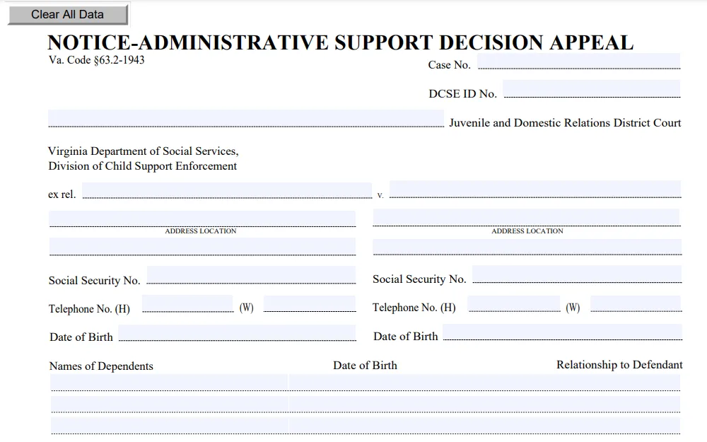 Screenshot of the child support decision appeal form with fields for the names, addresses, social security numbers, birthdates and contact information of both parties, and the names, birthdates, and relationship to the dependents.