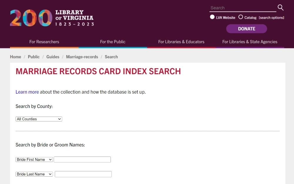 A screenshot showing a marriage records card index search tool used to find marriage records by a filter option of the county or by searching the spouses' first and last names from the Library of Virginia website.