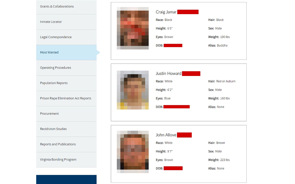 A screenshot displaying the most wanted list from the Virginia Department of Corrections website showing information such as full name, race, hair, height, sex, eyes, weight, date of birth, alias and a photo preview.