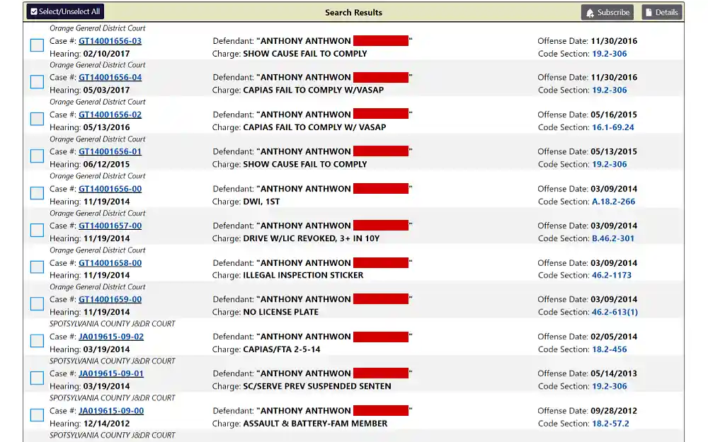A screenshot shows an online case information system search results displaying details such as the defendant's full name, charges, case number, hearing and offense date, code section and court information from the Virginia Supreme Court website.