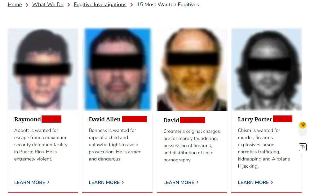 A screenshot of four of the most wanted individuals from the U.S. Marshals Service, displaying their mugshots, and a short description as to why they are wanted.