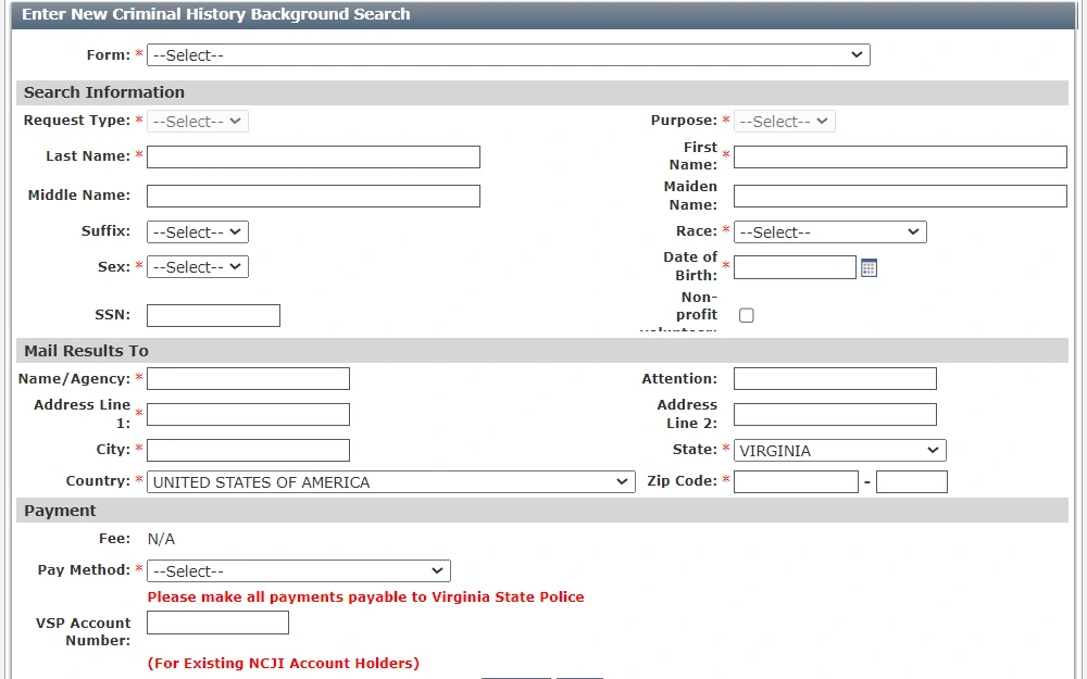A screenshot of the online form for criminal history checks in Virginia with provided fields for a form of search, search information, address to mail results to, and payment.