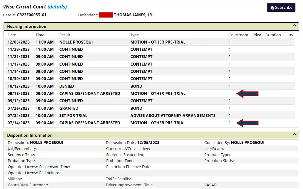 A screenshot from the Online Case Information System of Virginia Judiciary displays the case number, defendant, hearing information, and some of the disposition information.
