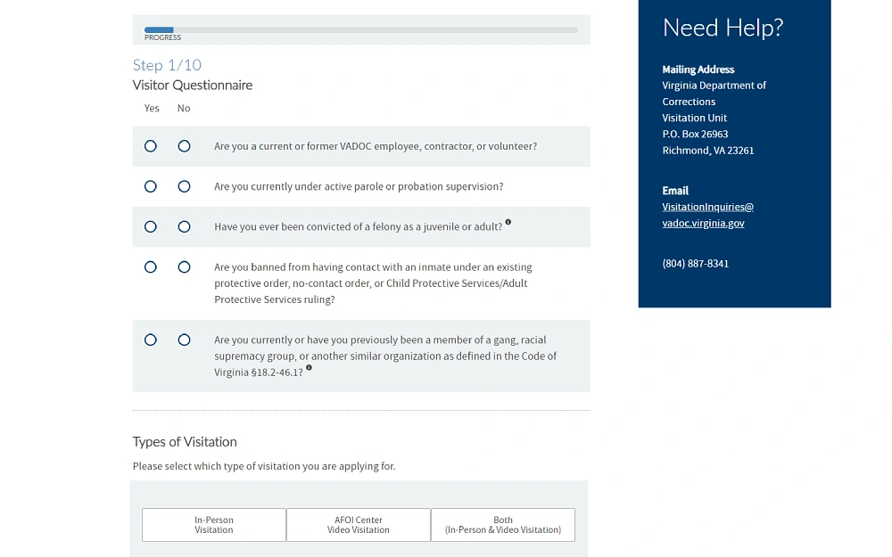 A screenshot that displays a visitation online application showing the visitor questionnaire part with yes or no questions such as parole or probation supervision information, juvenile or adult felony conviction details and others.