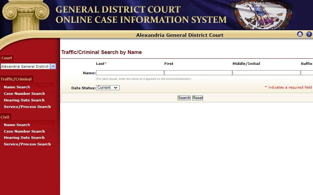 Screenshot of the Online Case Information System under Alexandria General District Court, displaying the traffic and criminal name search option with fields for last, first, middle, and suffix names, and a drop down menu for data status, along with the drop down menu for courts, and other search options for both traffic/criminal and civil cases including the following: case number search, hearing date search, and service/process search, located at the left side panel.