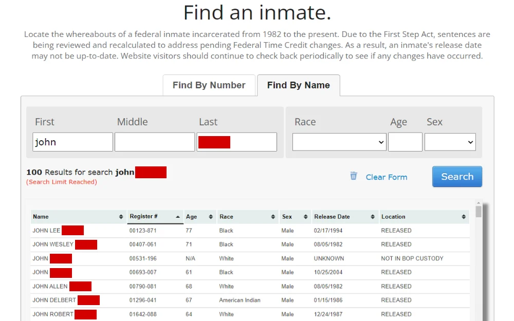 A screenshot showing a find an inmate search filter options by ID number or name by entering the first, middle and last name, race, age and sex and displaying results with additional information such as release date and location.