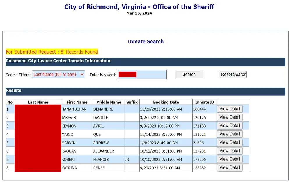 A screenshot showing an inmate search result from the Richmond City Justice Center website displaying details such as last, first, and middle name, suffix, booking date, inmate ID number, and view detail icon.