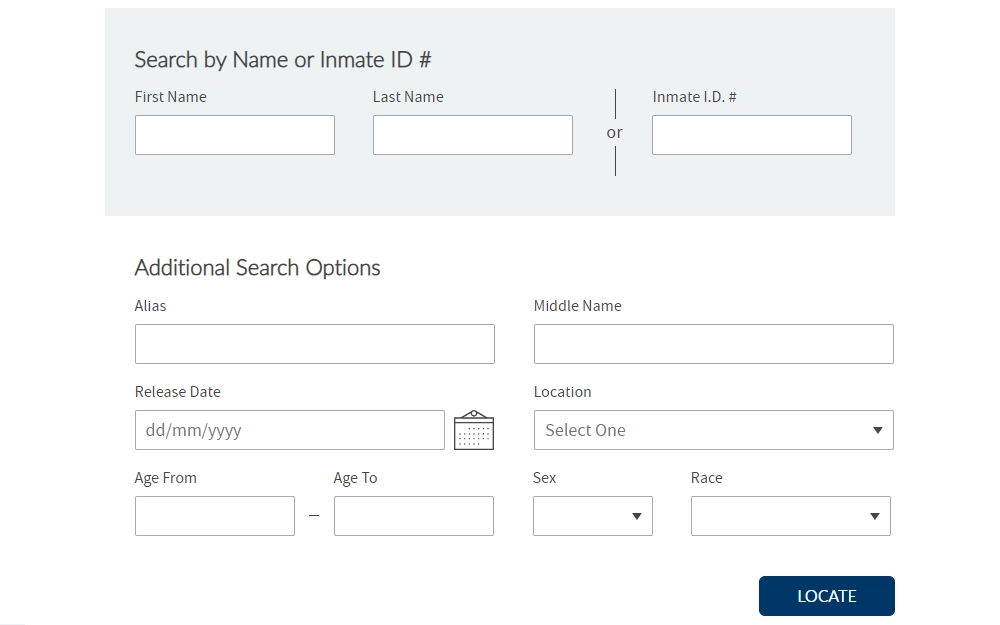 Screenshot of the inmate locator tool of the Virginia Department of Corrections requiring either the inmate's first and last names or ID number, with additional search options located at the lower section including alias, middle name, release date, location, age range, sex, and race.