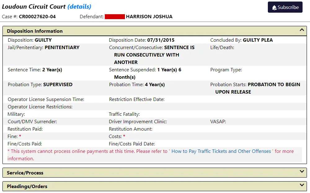 Screenshot of a case detail taken from the search results in Virginia Judiciary's Online Case Information System 2.0, displaying the court name, case number, name of defendant, and the disposition information section which is showing a "guilty" disposition with two years sentence time that was suspended at one year and six months, and a supervised probation for four years upon release.