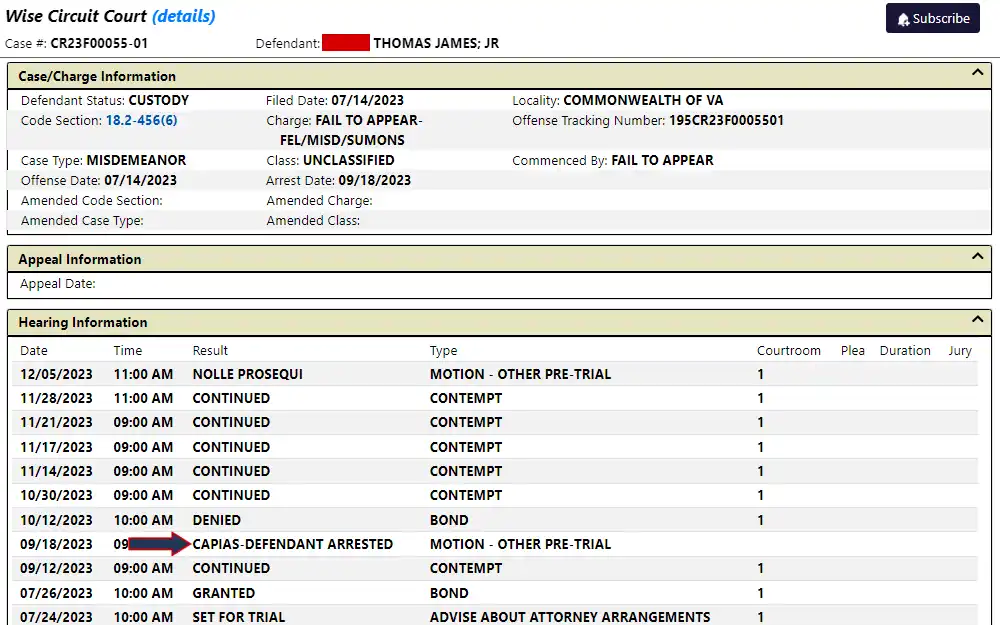 A screenshot of an individual's case from the Virginia Judicial System shows three sections, including case, appeal, and hearing information, with the warrant of arrest emphasized with an arrow.