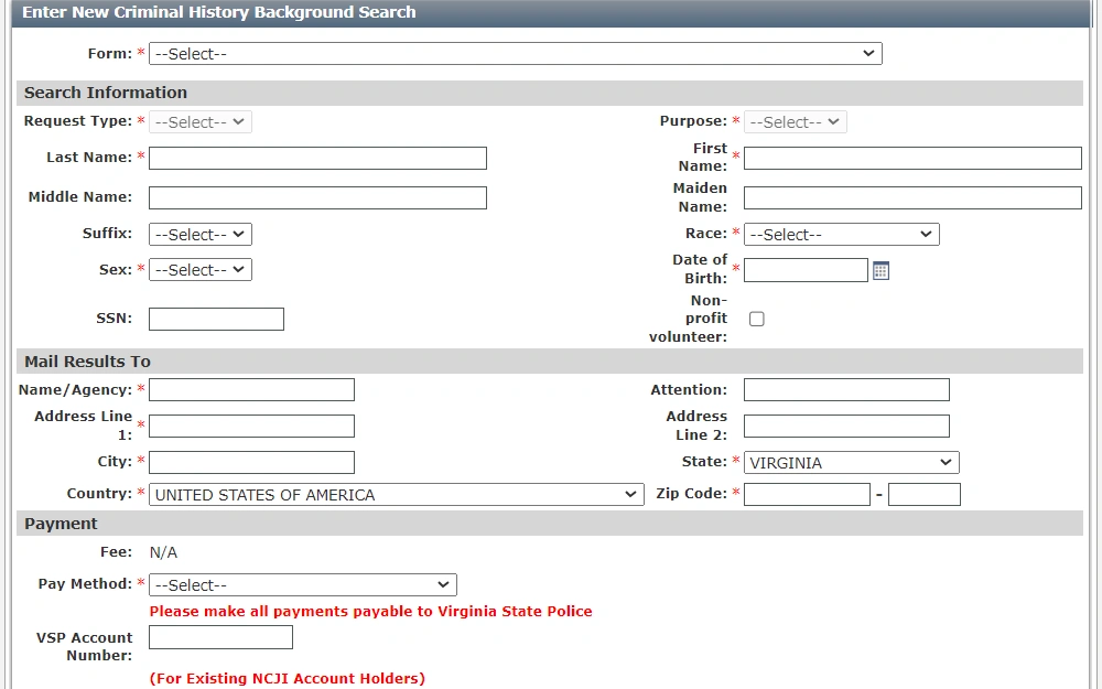A screenshot from the Virginia State Police displays the Criminal History Background Check online form, containing fields for form number, search information, address to mail results to, and payment details.