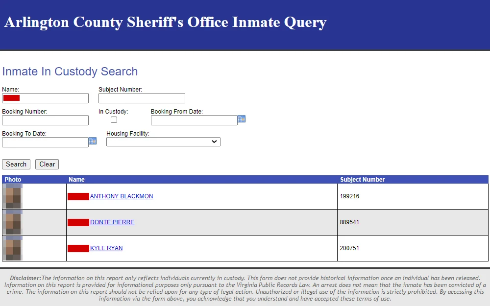 A screenshot from the Arlington County Sheriff's Office Inmate Query website shows the input fields for name, subject number, booking number, booking date range, and housing facility, followed by a table of results containing the inmates' mugshots, names, and subject numbers.