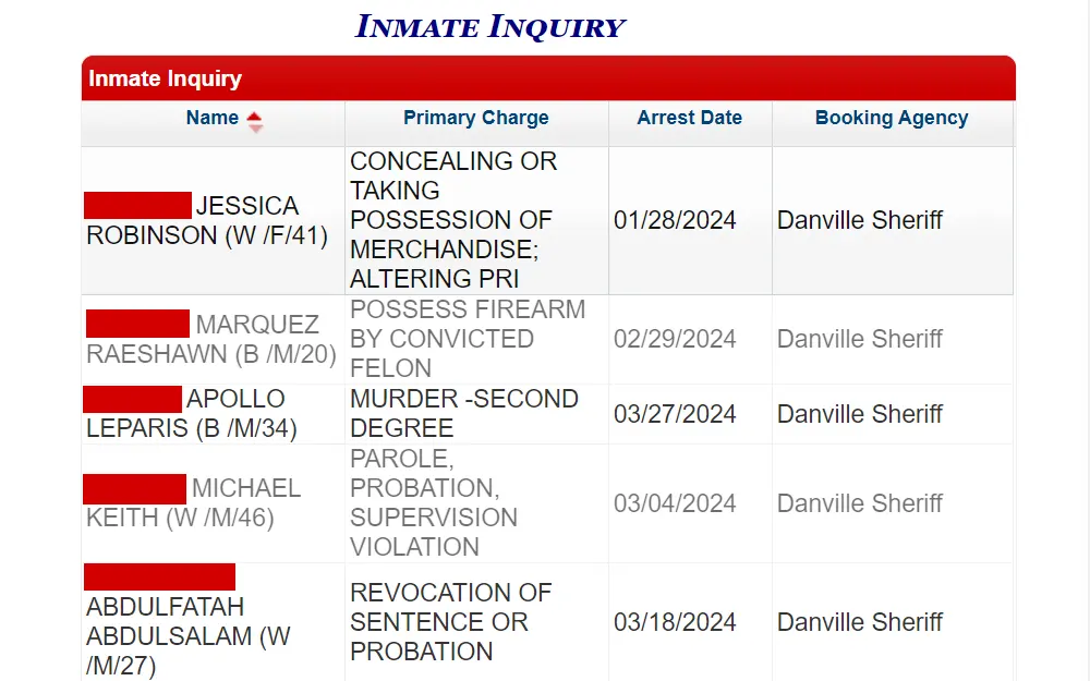 A screenshot of the inmate inquiry from Danville P2C lists the following inmate information in a table: name, primary charge, arrest date, booking agency.