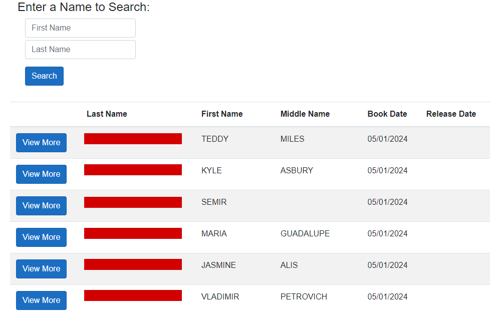 A screenshot of the inmate roster of Middle River Regional Jail lists the inmates' names and booking dates.