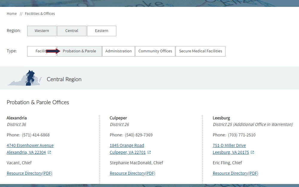A screenshot from the Virginia Department of Corrections shows details about some of the facilities and offices of probation and parole in the central region.