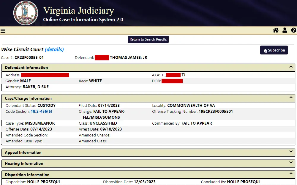 A screenshot from Virginia Judiciary's Online Case Information System 2.0 displays a case detail including the defendant, charge, appeal, hearing, and disposition information.